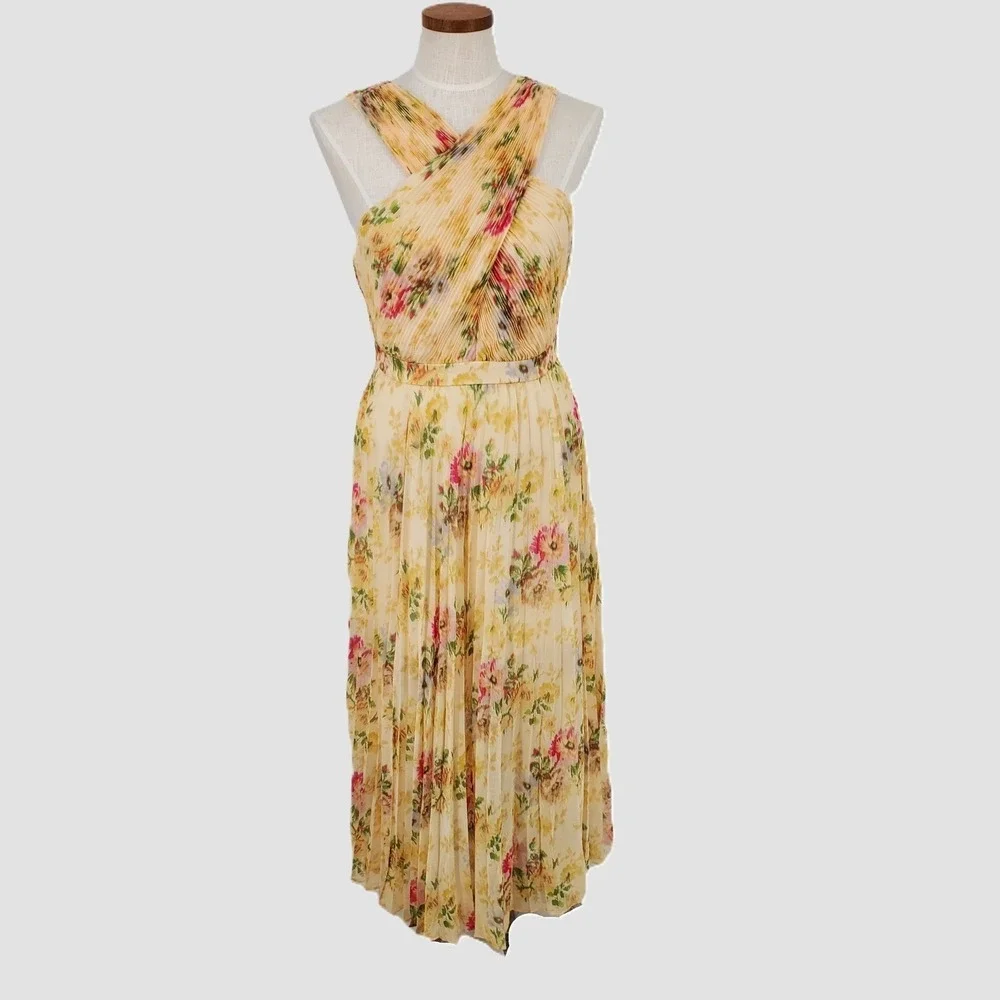 Ted‎ Baker Womens 0 US 2 Amerah Cross Front Pleated Midi Dress Tan Yellow Floral